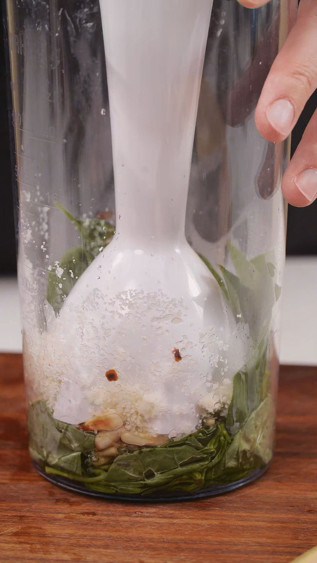 青醬制作：將羅勒去梗，只保留葉片，放入料理機(jī)
